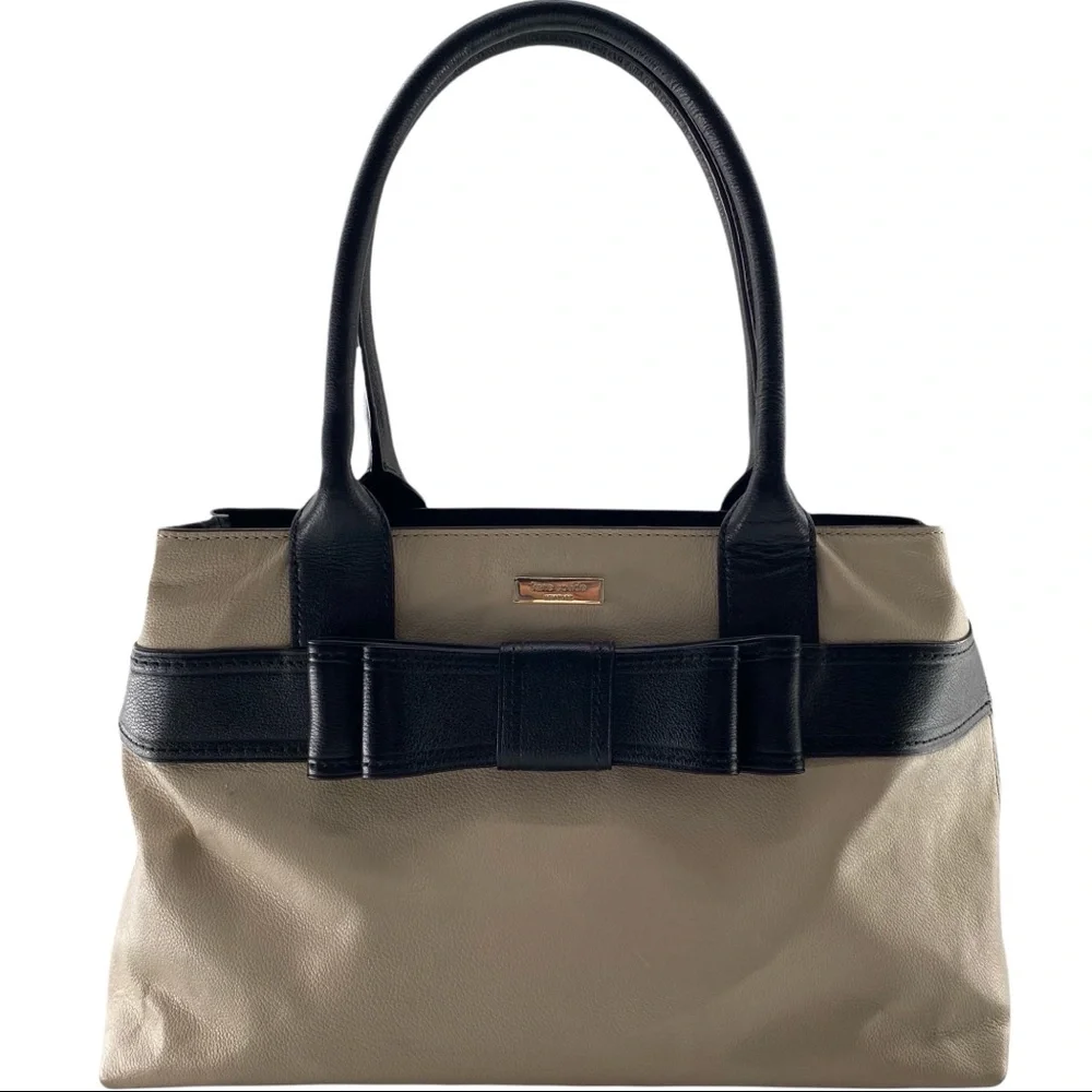 Kate Spade Elena Villabella Avenue Beige & Black Bow Leather Shoulder Tote Bag